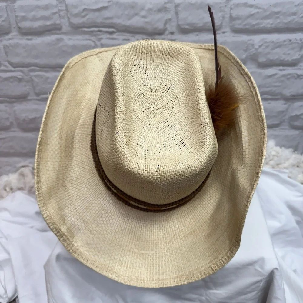 Rodeo Straw Cowboy Hat Brown Band‎ & Feather Size 7 1/4 Western Wear Ranch King